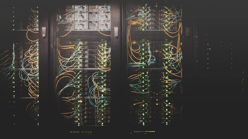 Centro de dados com fileiras de servidores iluminados em azul